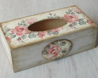 Wooden Tissue Box Cover. Tissue holder. Napkin box. Rose. Shabby chic style.