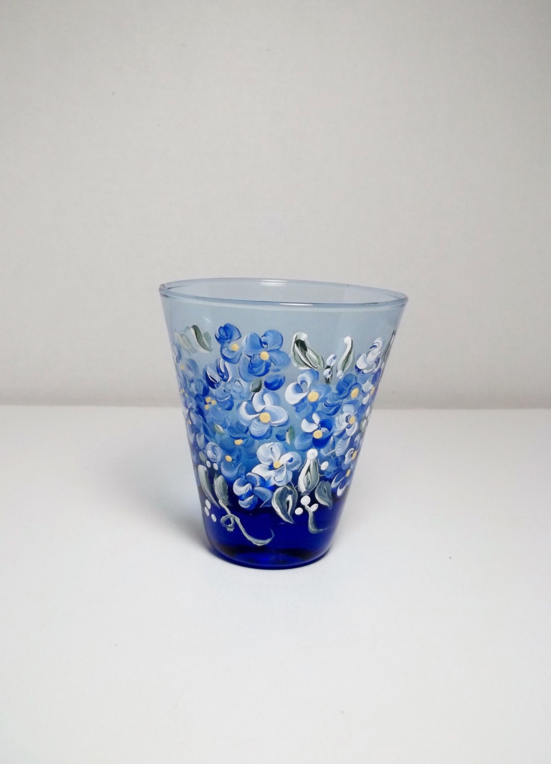 A Vintage Blue Glass Votive Candle Holder Hand Painted