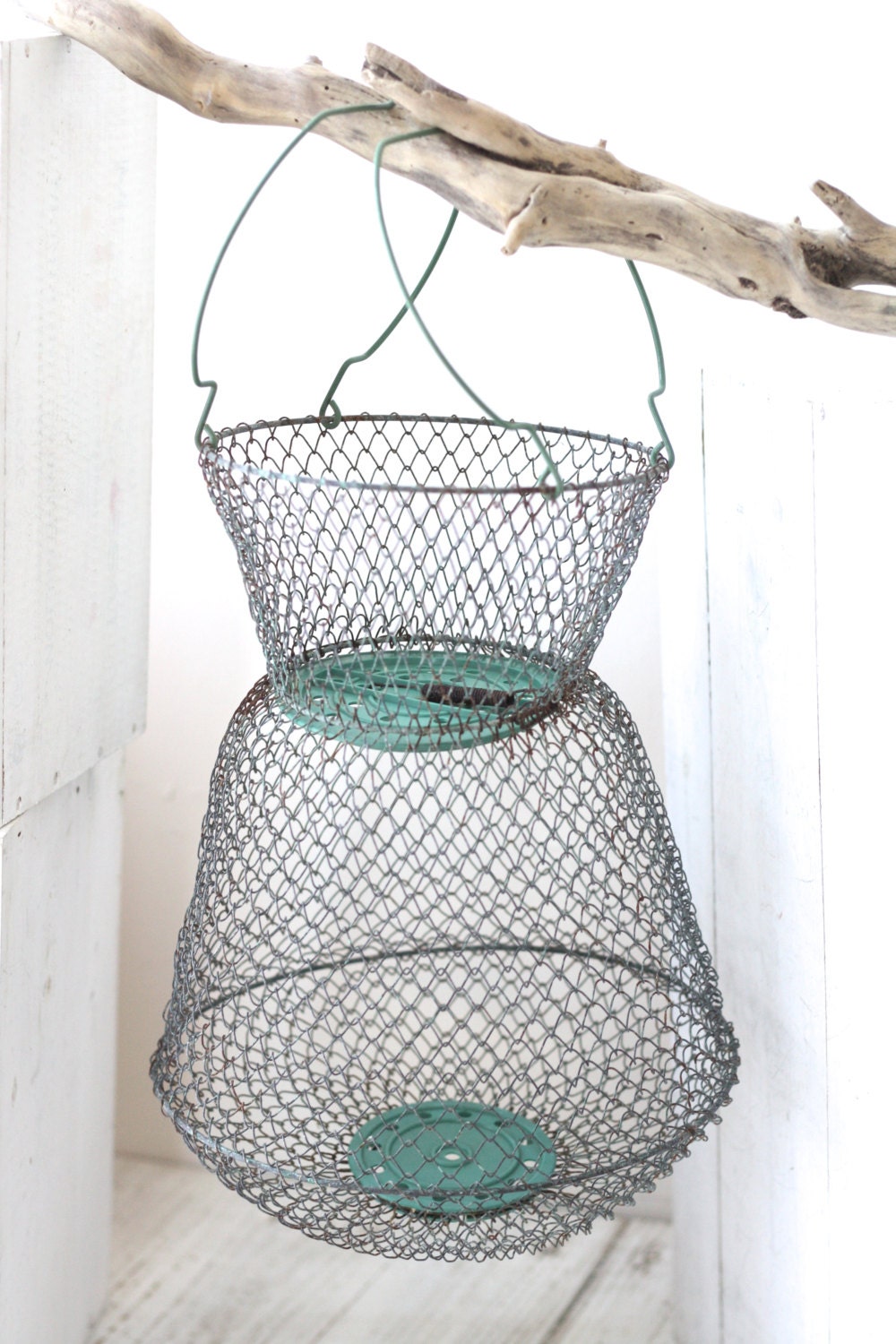 French vintage iron wire basket for fishing. For French decor.