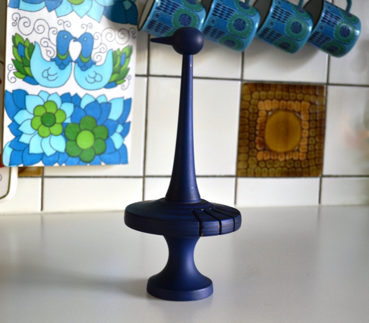 Blue Wooden Napkin Holder Bird / Paavo Asikainen vintage 70s