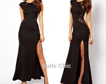 SUITE CHIC-Black Lace Prom Dress Strapless Backless Lace Back Maxi ...