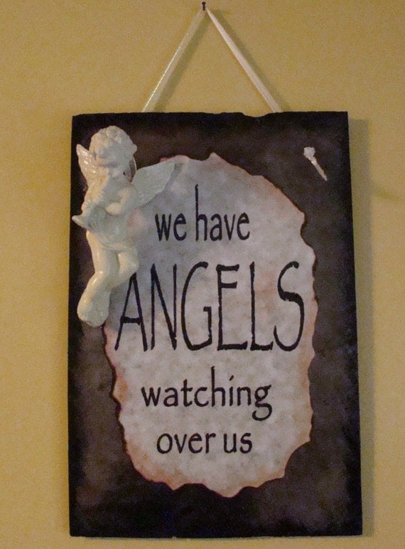 Angel Angels Watching Over Us Slate Sign Cherubs for Home
