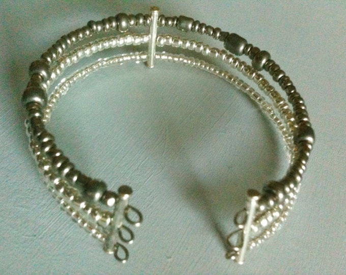 CLEARANCE! grey and silver glass beaded cuff bracelet
