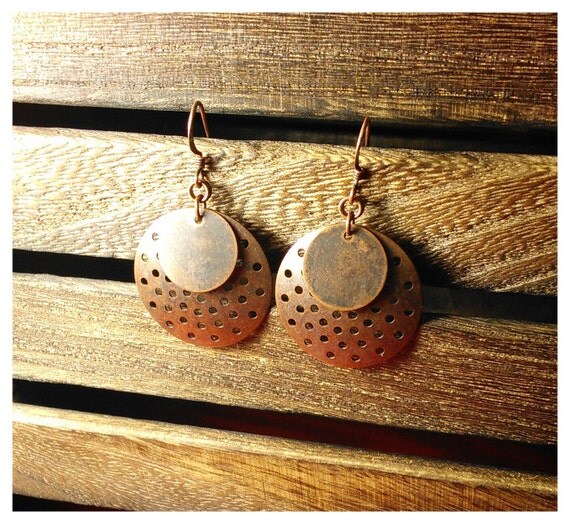 Items similar to Antique Copper Earrings * Copper Disc Earrings