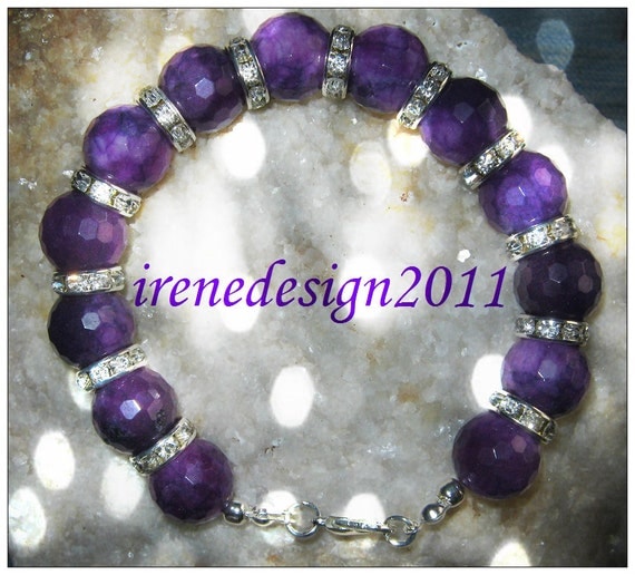 Handmade Silver Bracelet with Facetted Purple Jade & Crystal by IreneDesign2011