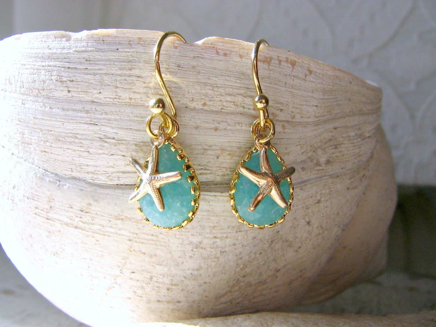 Mint Blue Gemstone & Starfish Earrings 14k Gold Filled Ocean