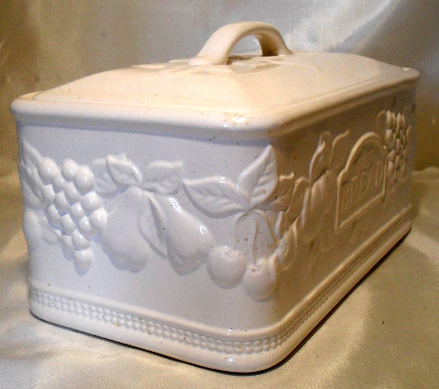 Vintage White Ceramic Bread Box Canister w/Lid Embossed Fruits