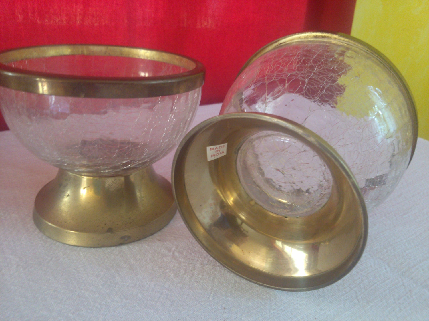 Crackle Glass Bowls Set of 2 Brass Footed Glass Dessert