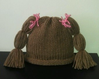 Cabbage Patch Hat Brown Wig Knit newborn crochet outfit baby girl knit baby girl crochet pig tail hat