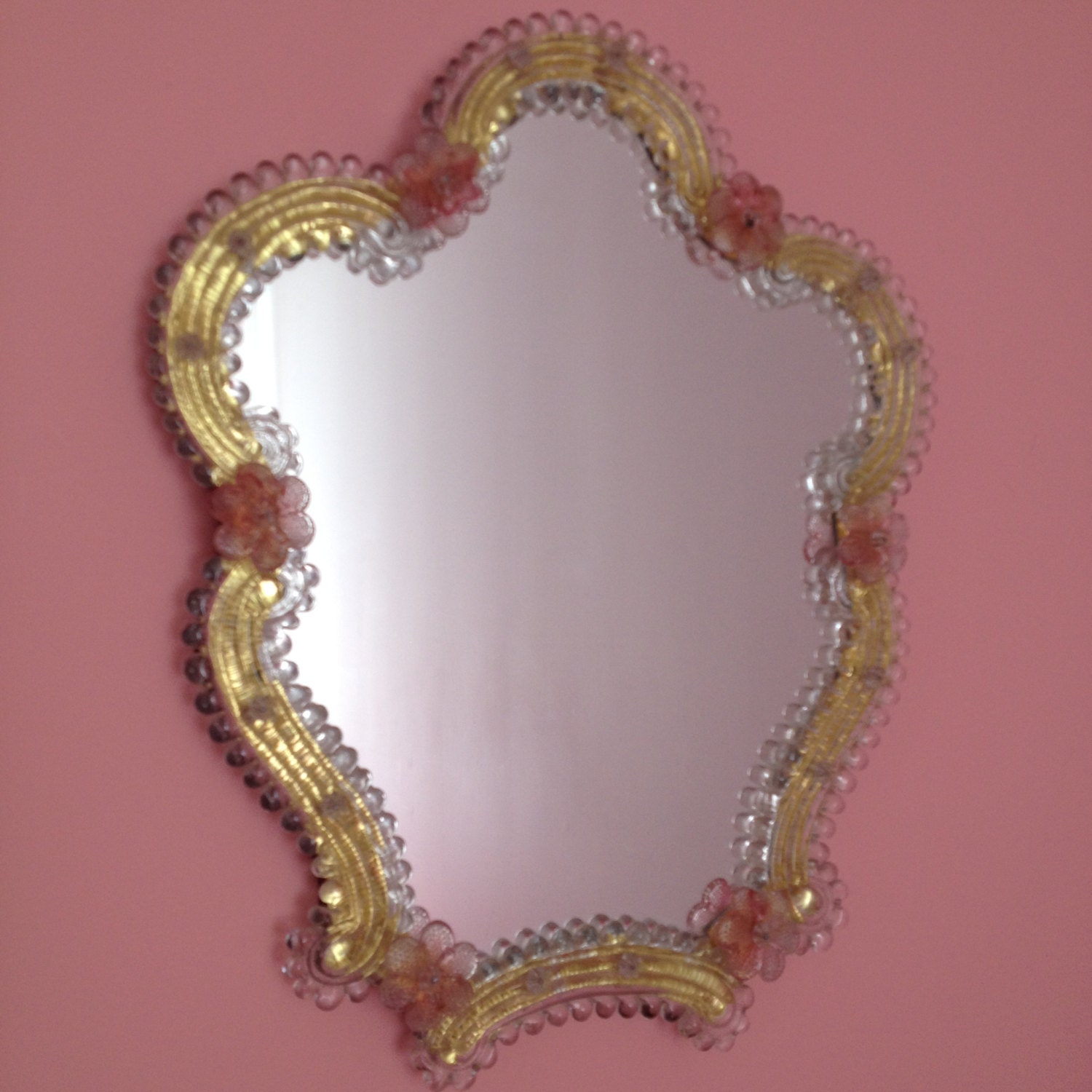 Vintage Large Venetian Murano glass mirror pink glass flowers