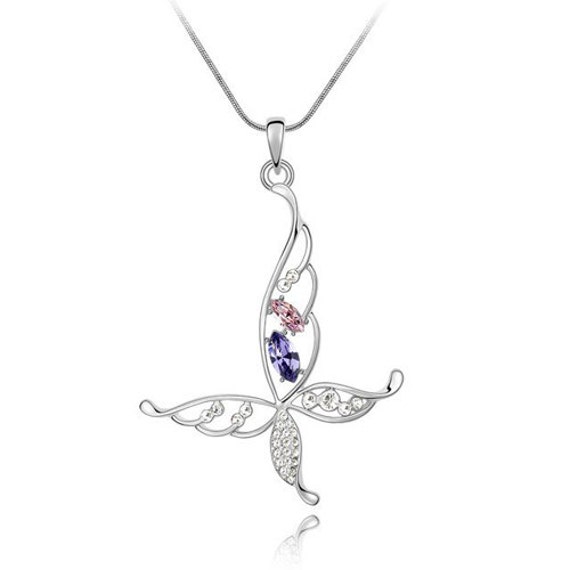 Butterfly Charm Pendant Necklace with Clear Purple and by Datora
