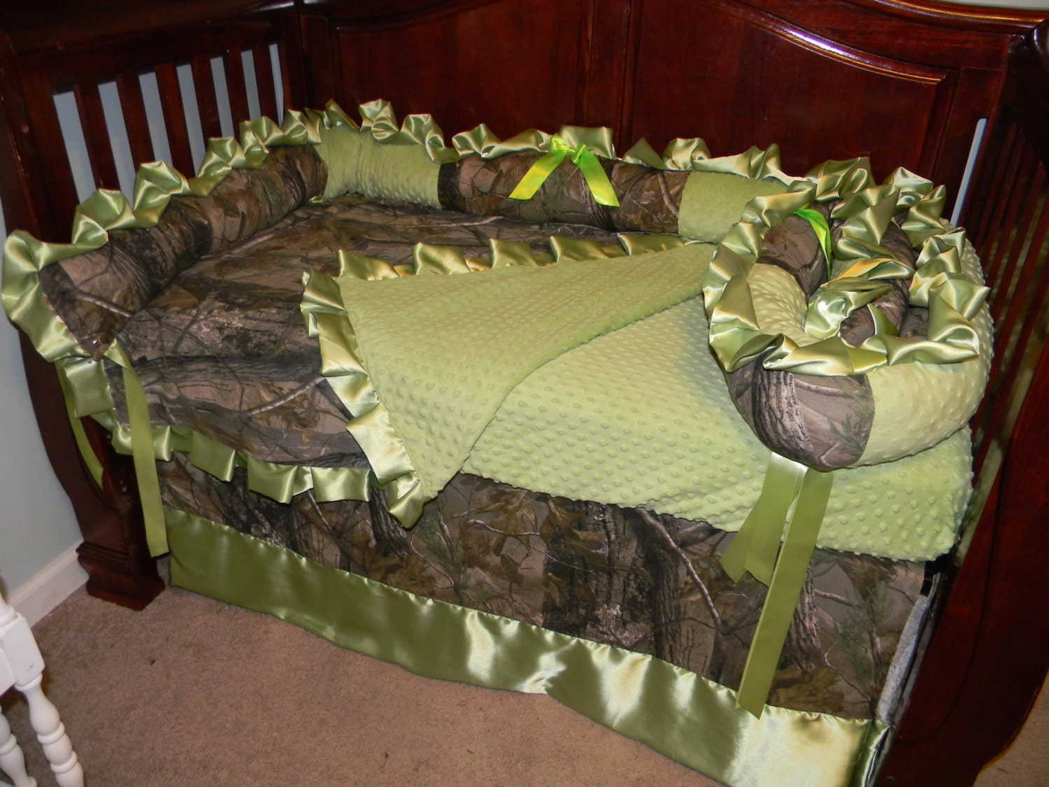 6pc Personalized Baby Bedding Green and Camo Ruffled Bedding