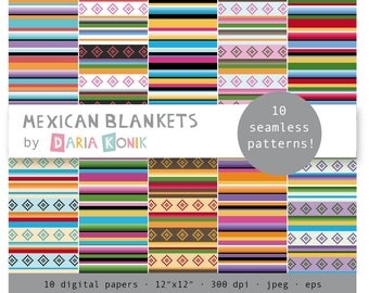 Mexican Blankets Digital Paper Pack-colorful striped papers, scrapbooking, eps, jpeg, 12" x 12", instant download