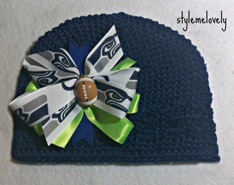 Seattle Seahawks Baby Girl Boutique Bow Crocheted Hat