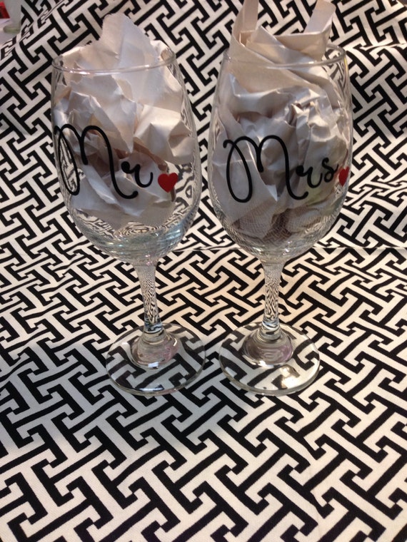 Set of 2 12 oz wine glasses with Mr. And Mrs. With by