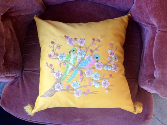 Vintage Mustard Colored Throw Pillow with Two Embroidered