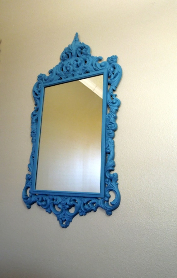 Large Ornate Wall Mirror in Teal Blue Chalk Paint Syroco Homco