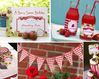 Strawberry Farm Printable Party Set- red gingham, vintage strawberry Invitation, bottle wrappers,banner