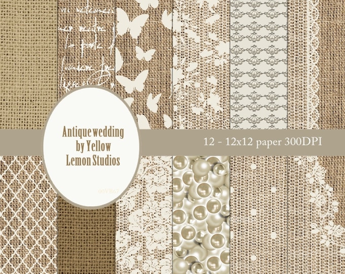 INSTANT DOWNLOAD- Antique lace style papers burlap texture, pearls vintage wedding scrapbooking background