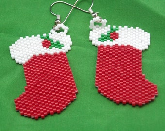 Christmas Stockings Beaded Dangle Earrings, Peyote Stitched, Delica Beads