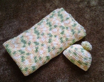Lazy Wave Baby Afghan / Lazy Wave Blanket / Lazy Wave Lapghan / Lazy Wave Throw with Matching Hat