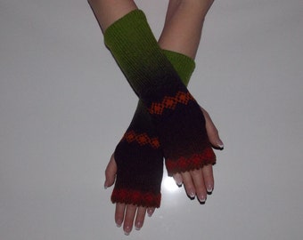 KAUNI Women Knit Arm Warmers with ornaments, Fingerless Gloves, Knitted FAIRISLE Mittens.