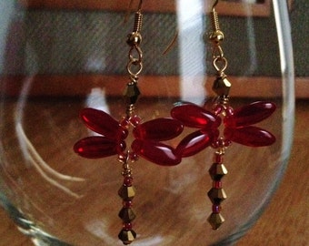 Enchanting Dragonfly Dangle Earrings; Beads and Wirework Earrings; Blue or Red; Nature Inspired Jewelry; Wirework Jewelry