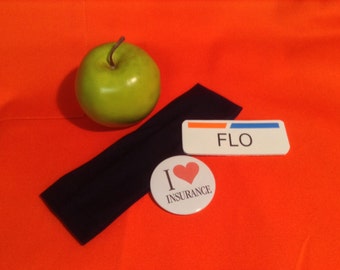 The 3 piece "Flo Progressive inusrance" I love insurance pin and name badge set with blue headband (Apron NOT included) actress, agent