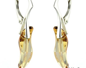 925 Sterling Silver Faceted Wave Swarovski Crystal Leverback Earrings