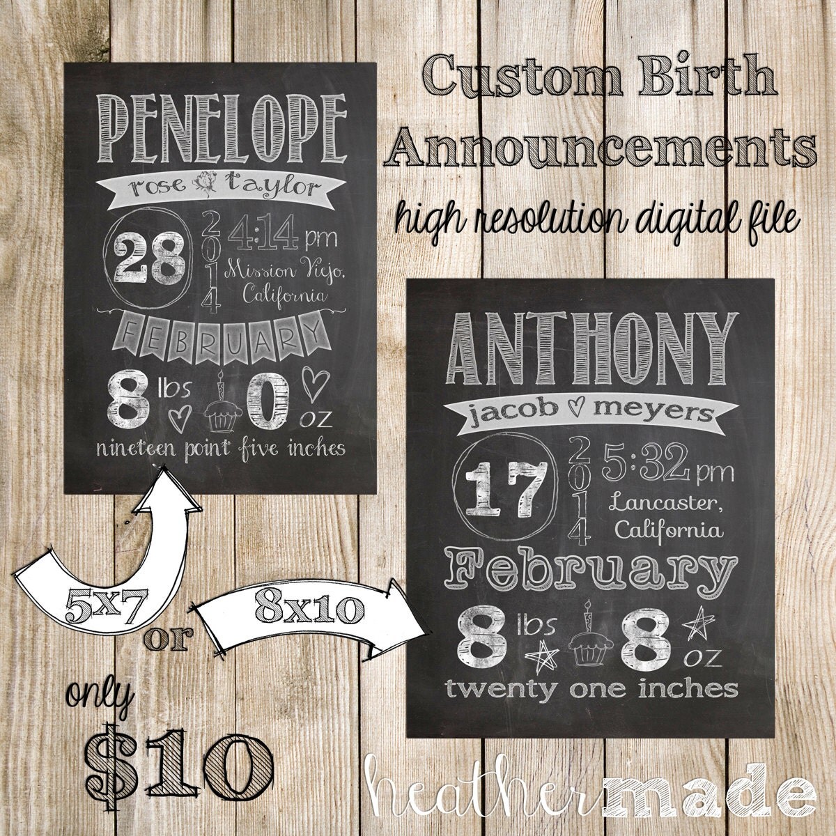 Chalkboard Style Custom Made Birth Announcements size 5x7