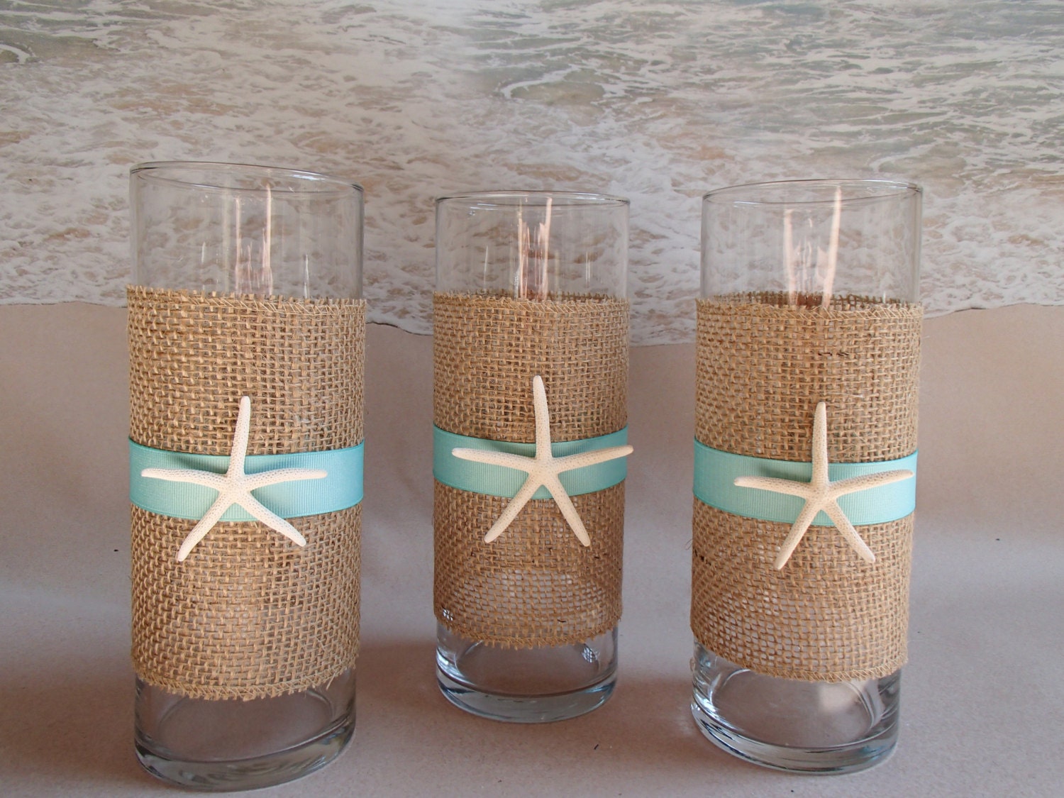 Burlap Beach Centerpiece : Set of starfish burlap beach vase by paradisebridal on