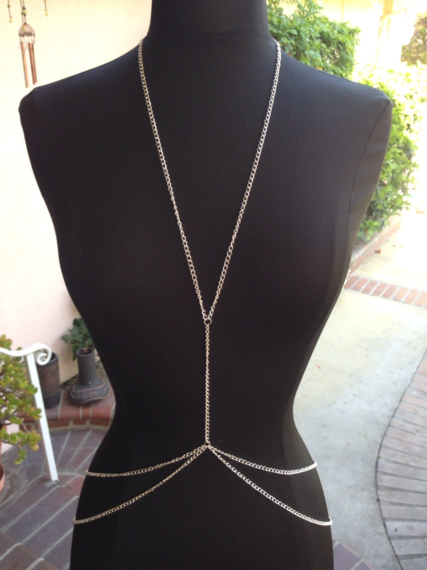 Silver Double Chain Body Harness Jewelry Necklace Bodychain 