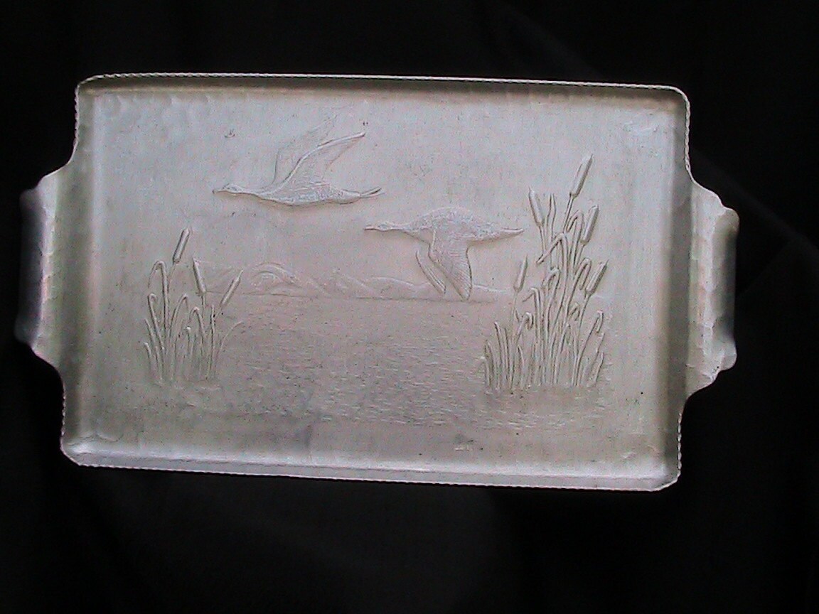 Hammered Aluminum Tray With Scene of Ducks or Geese Flying
