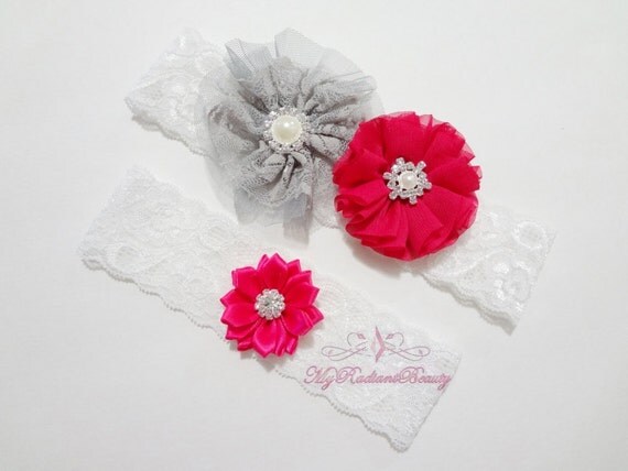 Coral Red Chiffon Flower Bridal Garter, Fuchsia Lilac Rhinestone toss Garter, Wedding Garter Set, Bridal handmade Garter, GTF0004CR