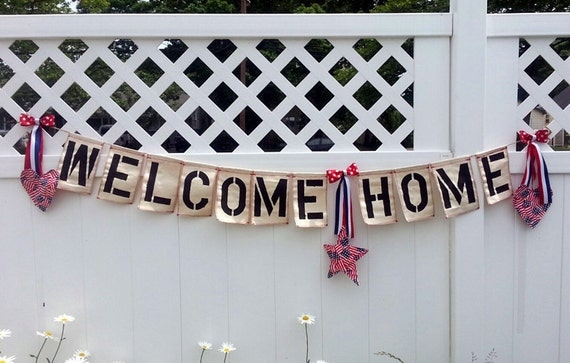 Welcome Home Banner, Fabric Banner, Cloth Banner, Patriotic Homecoming with Bows