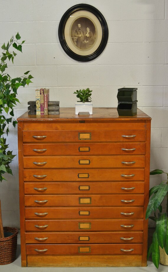 Vintage Industrial Oak Blueprint Storage Wood Art Flat