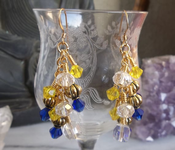 Cobalt Blue And Citrine Yellow Gold Cluster Earrings