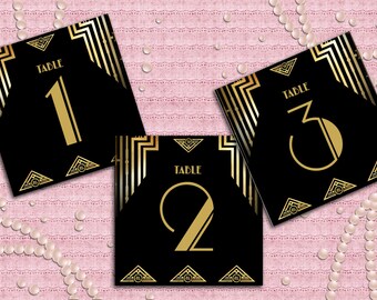 Great Gatsby Art Deco Table Cards 1-75, Table Numbers, Table Decoration - 1920's, 20's Style - Black and Gold - Instant Download