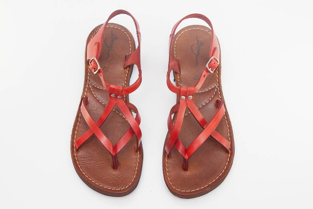 Red Leather Sandals Red Sandals Summer Shoes Flat Sandals