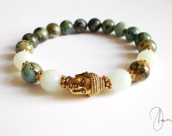 Turquoise Jasper & Amazonite Buddha Bracelet - Gold or Silver Yoga Meditation Gemstone Jewelry - Throat, Heart Chakra Stones