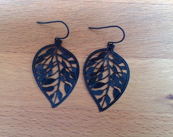 Jet black leaf filigree earrings