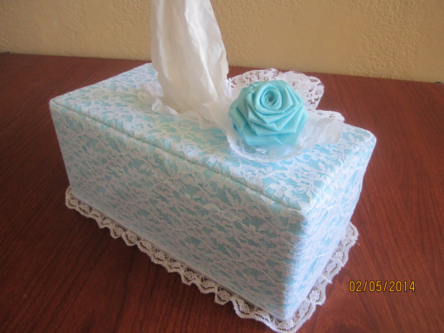 Items similar to Rose tissue box cover, Elegant light blue and white