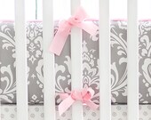 Gray & Pink Damask Baby Girl Crib Bumper | Wisteria