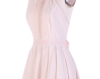 Pink Pleated Scallop Backless 1950's Inspired Dress Adorn with Bow