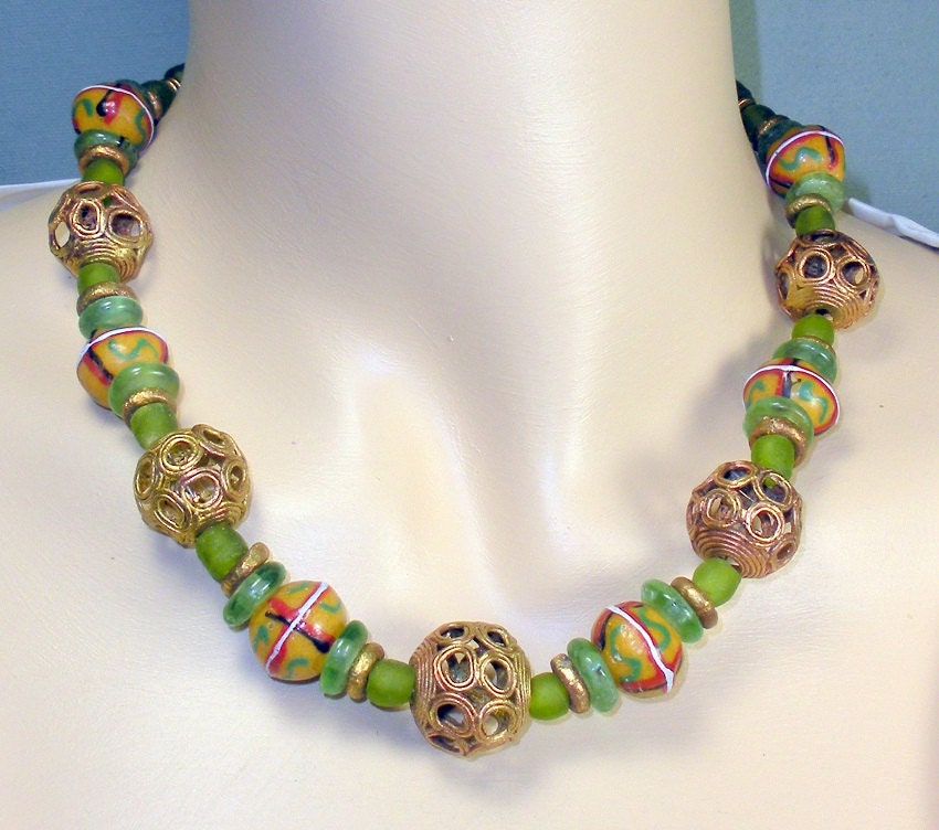 African trade bead necklace Ghana recycled glass yellow King