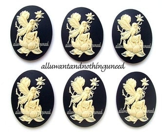6 Fairy and Magnolia Ivory Color on Black 40mm x 30mm Resin CAMEOS LOT for Making Costume Jewelry