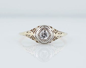 Antique Late Art Deco .28 Old European Cut Diamond Filigree Engagement Ring in 14K Yellow and White Gold