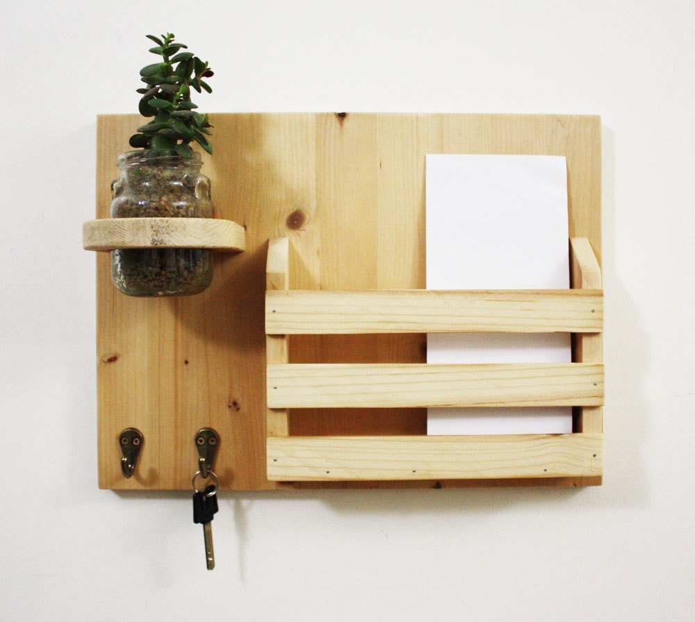 Beautiful wooden mail organizer with key hanger and jar for