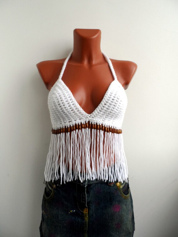 Crochet Sexy White Top Wood Beaded Tank Halter Hippie Summer