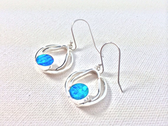 Blue Opal Earrings // 925 Sterling Silver // Round Teardrop
